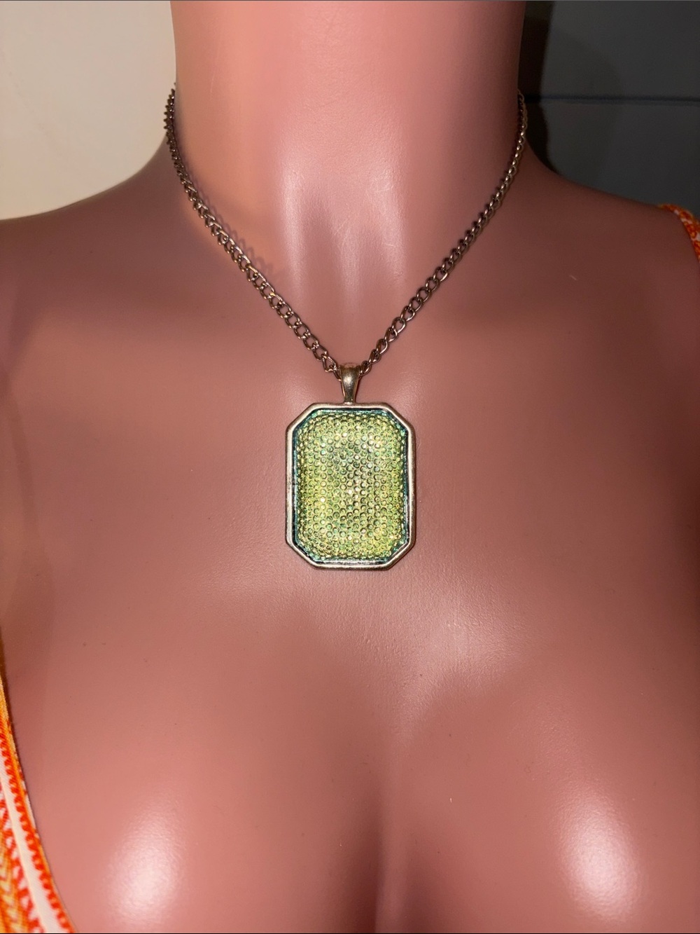 Silver Tone Green Rectangle Pendant Necklace - Women Jewelry